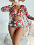 Women's multicolour printed bikini three-piece set showing sunscreen shirt, bra, and shorts