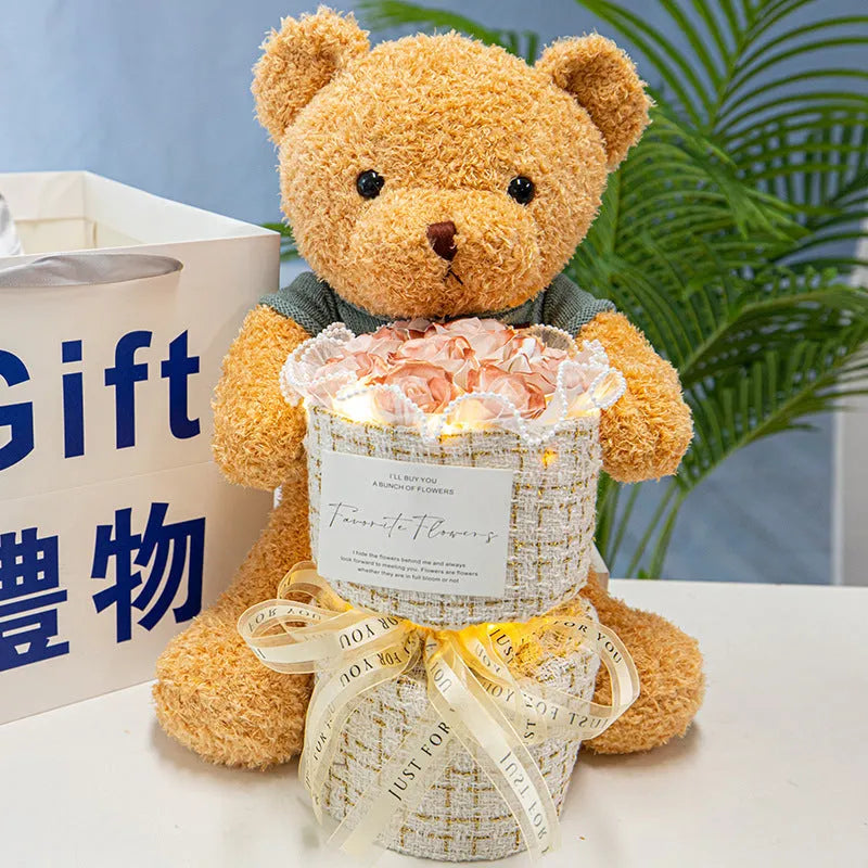 Plush bear doll with soap flower eternal rose bouquet in acrylic case 30cm height