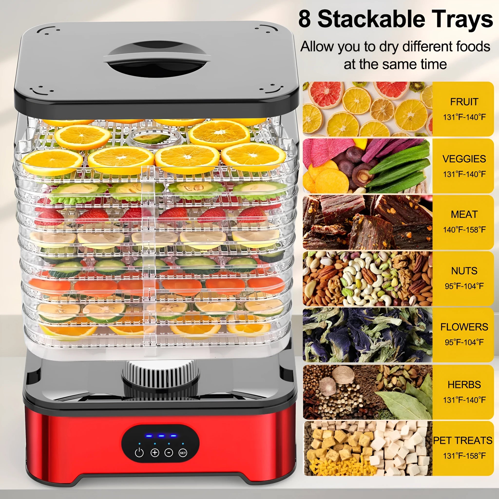 Silver and red eight-layer food dehydrator with intelligent timer control and large drying capacity