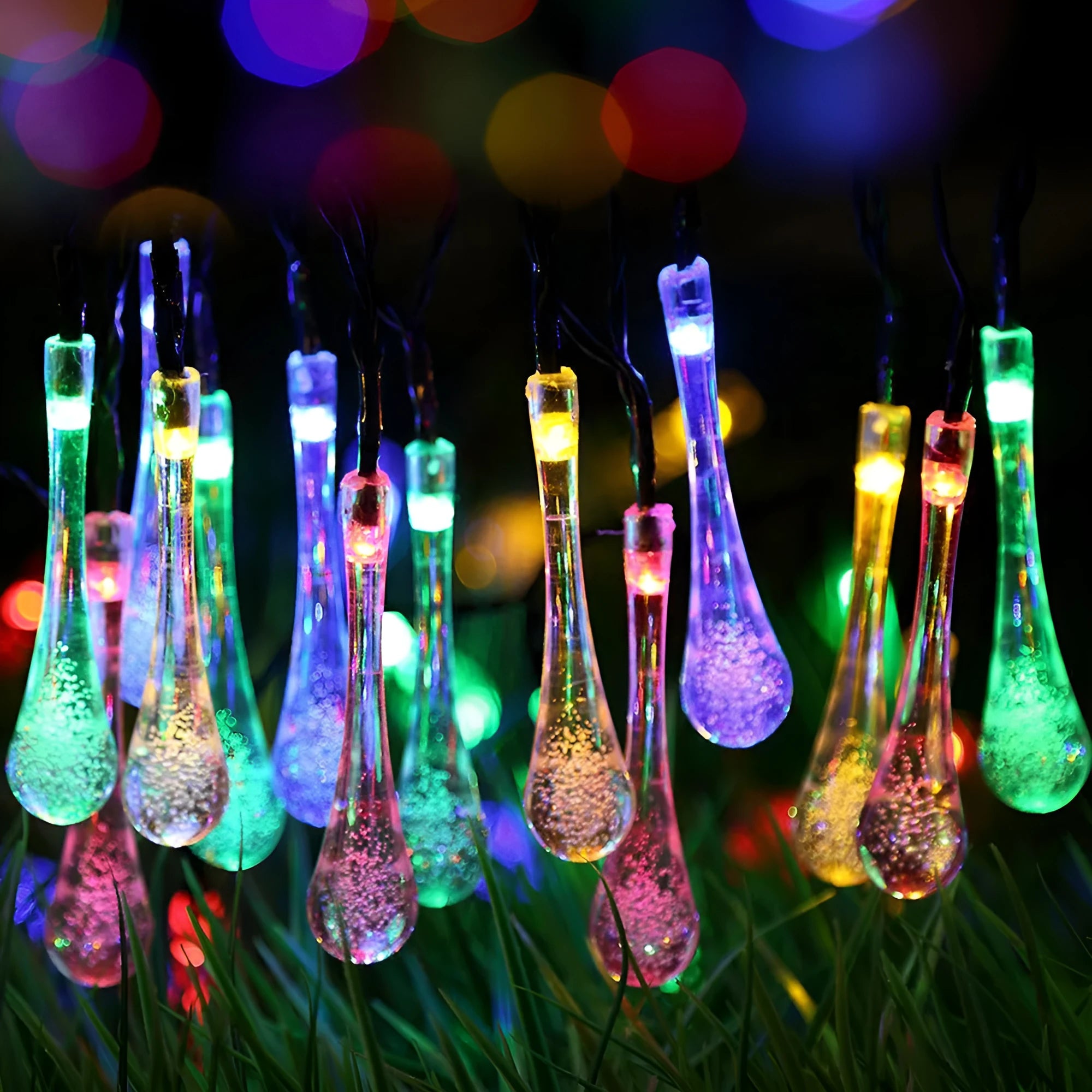 Solar-powered outdoor LED string lights with bubble drop pendants on a 6.5 metre cable.