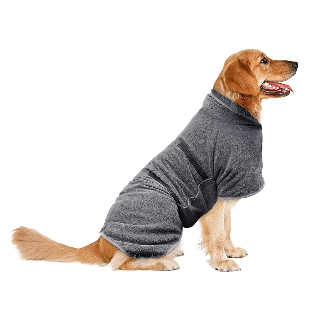 Gray nylon dog robe towel for drying pets after bathing, shown with orange edge trim