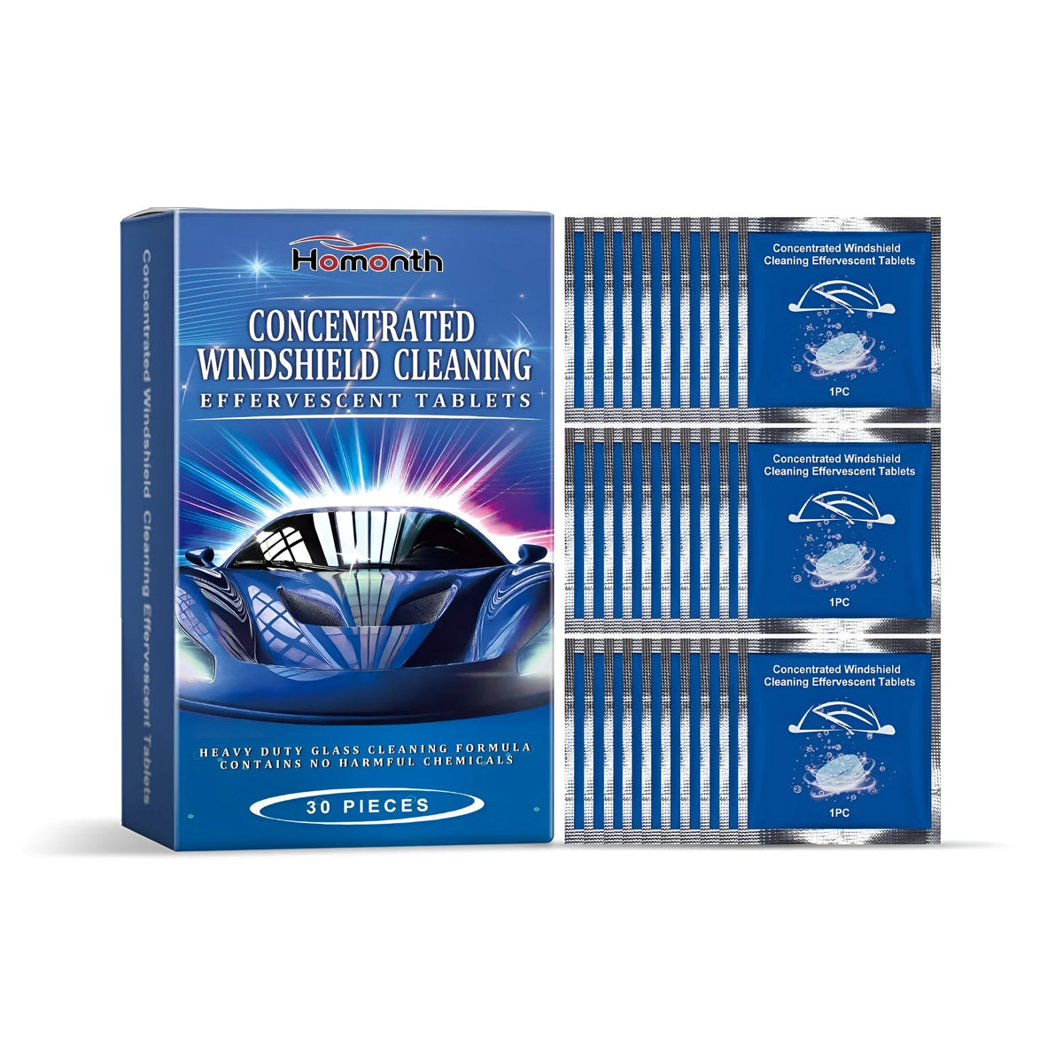Concentrated windshield cleaning effervescent tablets, 30 pieces, 6x6cm, for car glass