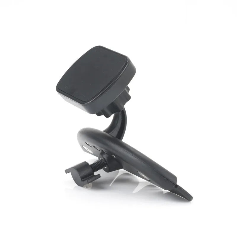 Black car phone holder inserted in CD port with adjustable clamp holding a smartphone horizontally for GPS navigation