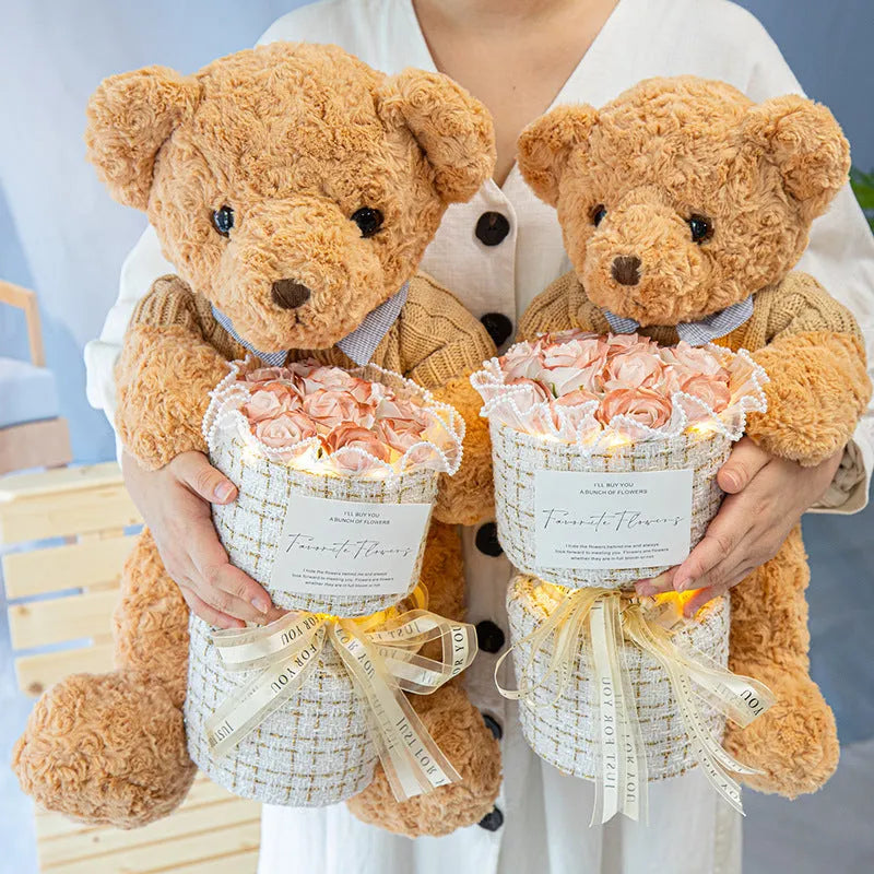 Plush bear doll with soap flower eternal rose bouquet in acrylic case 30cm height