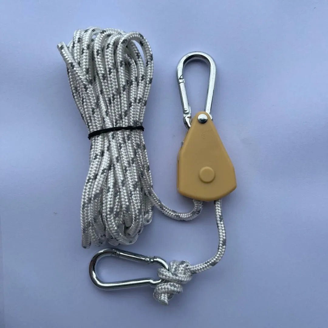 Outdoor tent rope pulley adjuster with metal adjuster and nylon guy rope in army green colour