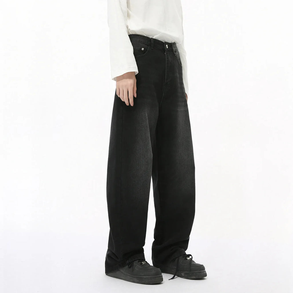 Men's loose straight washed cotton jeans in black gray, front view