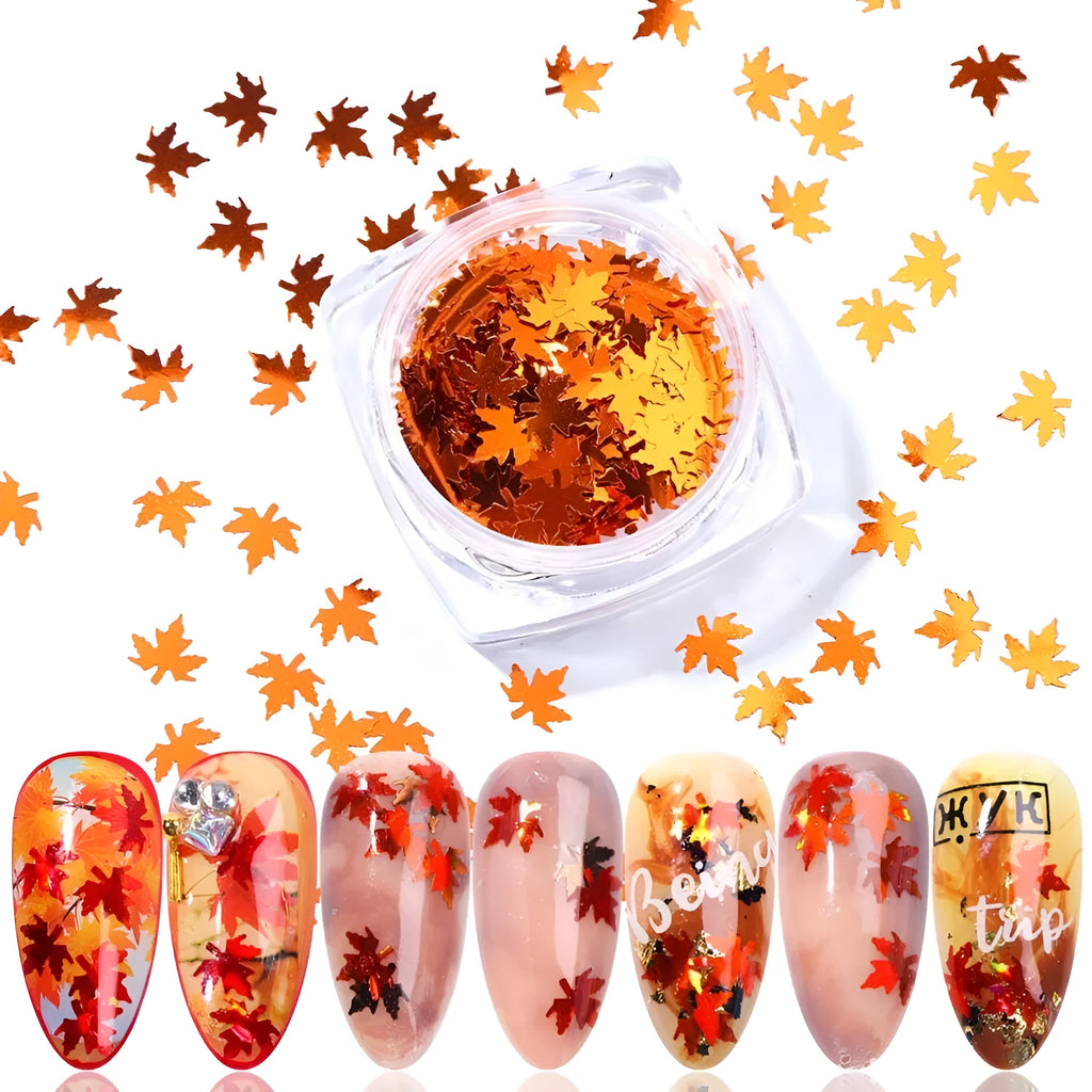 Gradient maple leaf nail sequins in mixed colours with leaf drop shape for autumn nail art decoration