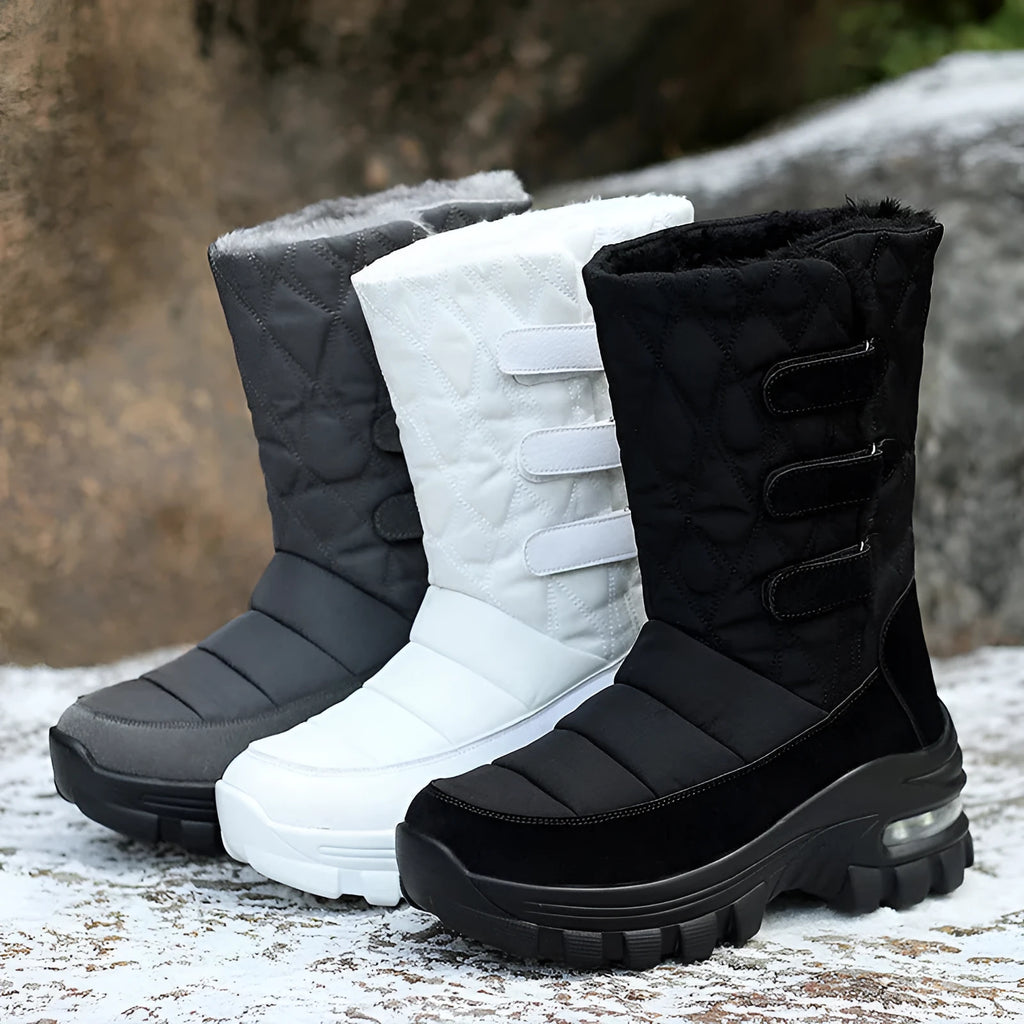 Women's outdoor plus velvet high top snow boots in black with white sole and Velcro strap