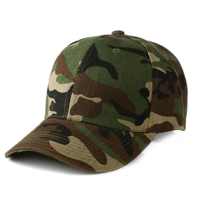 Camouflage baseball cap with wide brim and flat eaves in green and grey plain weave fabric