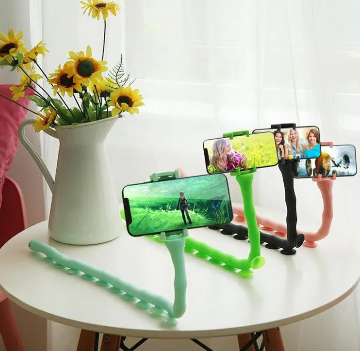 Flexible mobile phone holder with suction cup mount showing 62cm arm and 360-degree rotation capability
