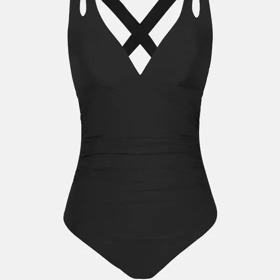 Solid colour one-piece swimsuit with triangle top and cross-back shoulder straps
