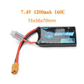 7.4V 1200mAh lithium polymer RC battery for model cars and boats.