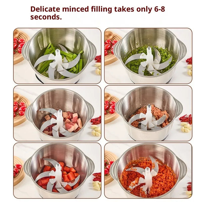 Electric meat grinder with stainless steel body and 3 L glass bowl, button digital display or touch screen