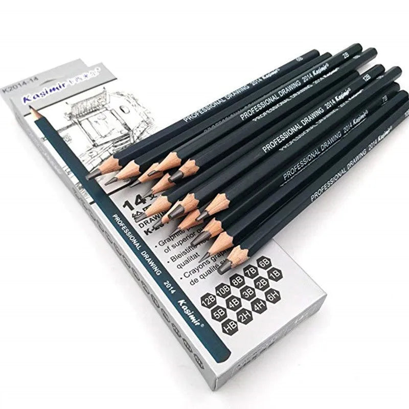Boxed set of 14 black drawing pencils with hardness grades from 6H to 12B, each 18cm long