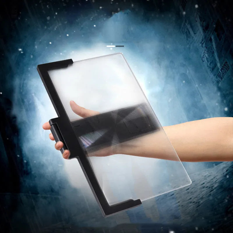 Black and white adjustable magnifying mobile phone stand on a table.