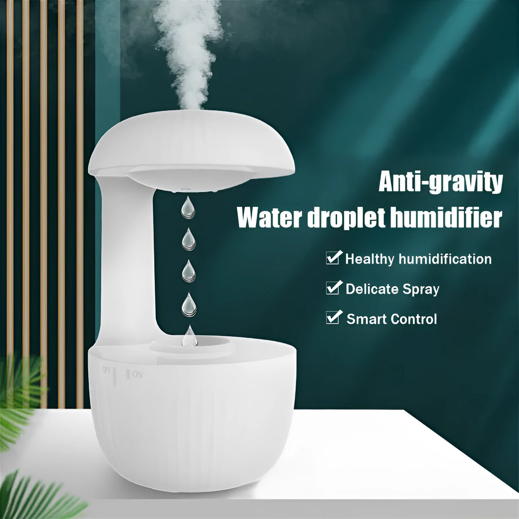 White anti-gravity USB humidifier showing water droplets appearing to flow upward with cool mist output