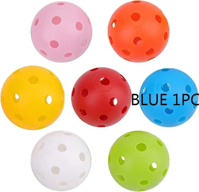Multi-colour 42mm polyethylene golf practice balls in a net bag.