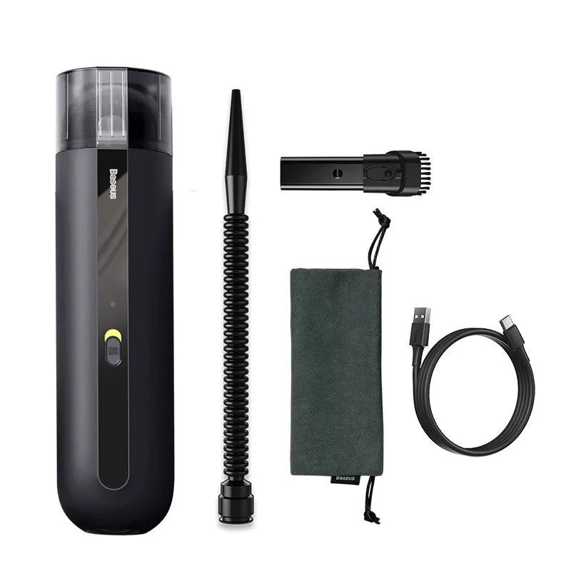 Baseus handheld car vacuum cleaner in black, white, or green next to a dust bin and blowing hose.