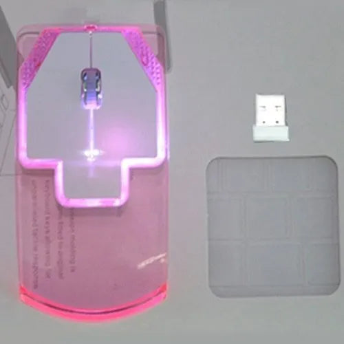 Ultra-thin transparent 2.4GHz wireless optical luminous mouse with blue glow on white desk