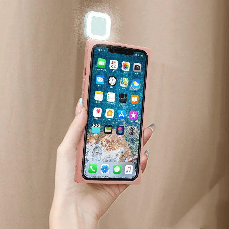 Ring flash mobile phone back cover case for Apple iPhone 13 models in pink, green, and white colours