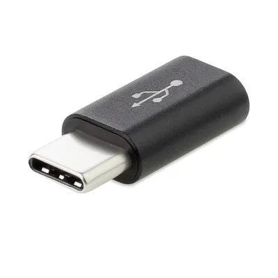 Micro USB to USB C adapter in black, compact size, with micro USB male and USB C female ends