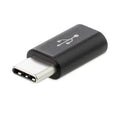 Micro USB to USB C adapter in black, compact size, with micro USB male and USB C female ends