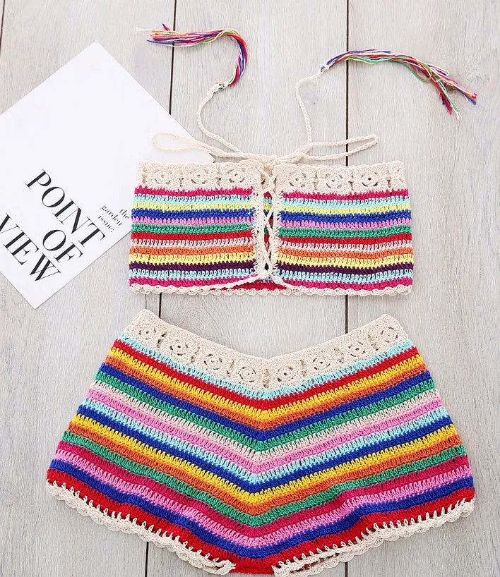 Women's colour striped handmade bikini swimsuit in red suit with mercerised cotton and acrylic blend