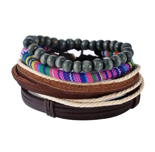 Handmade brown leather wrap bracelet with wooden beads and braided cord on a wrist.