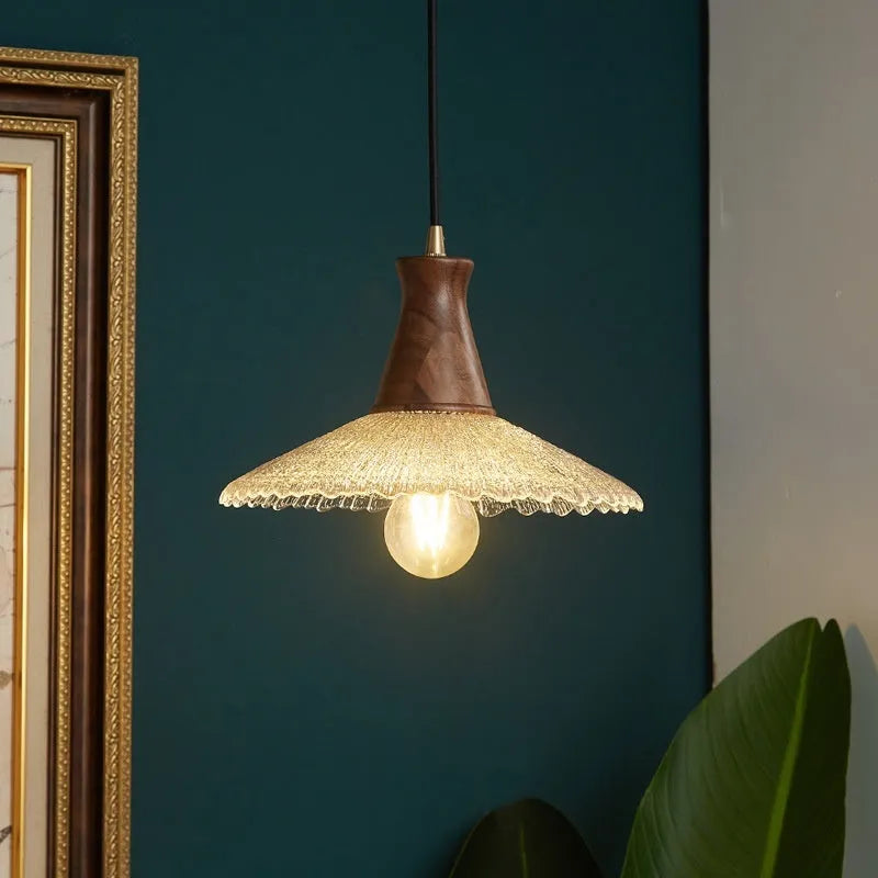 Retro-style wood and glass ceiling chandelier with brass accents in three sizes.