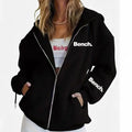 Grey loose fit zip-front hooded polyester coat on hanger