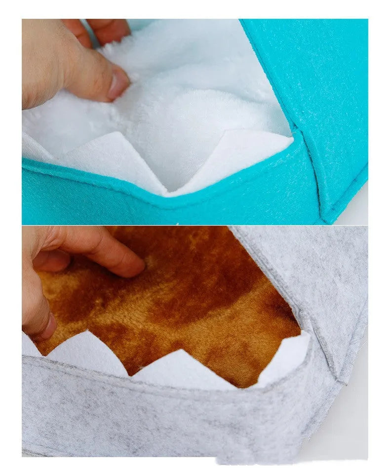 Shark pet cat nest house in blue or grey non-woven felt, 40x60x40cm, 300g, for pets around 8kg
