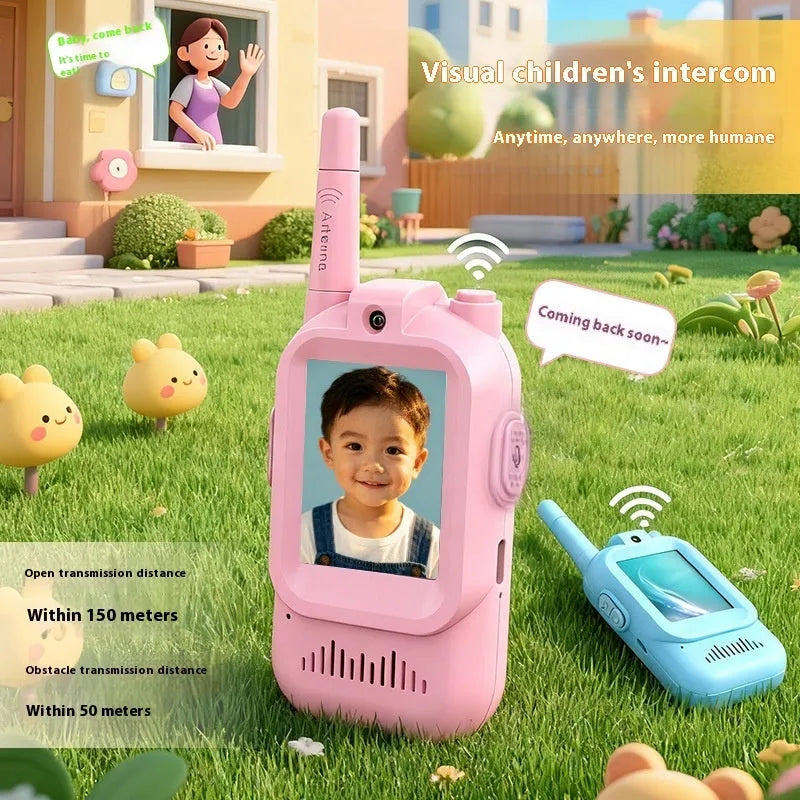 Two mini video wireless walkie talkies for kids in pink and blue with 2.0-inch IPS display and Type-C charging