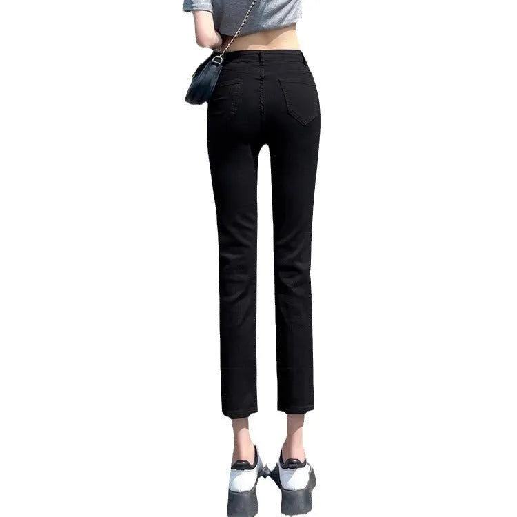 Black composite velvet straight leg pants with pockets for women commute style