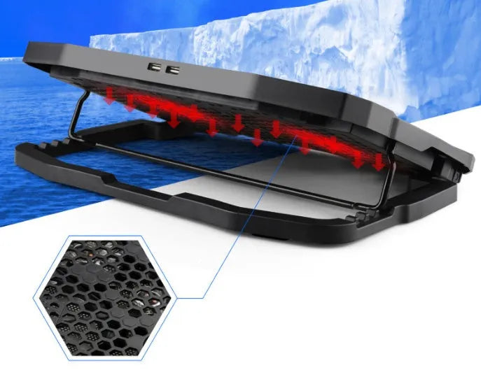 Black universal laptop cooling stand with copper heat pipes and dual USB ports