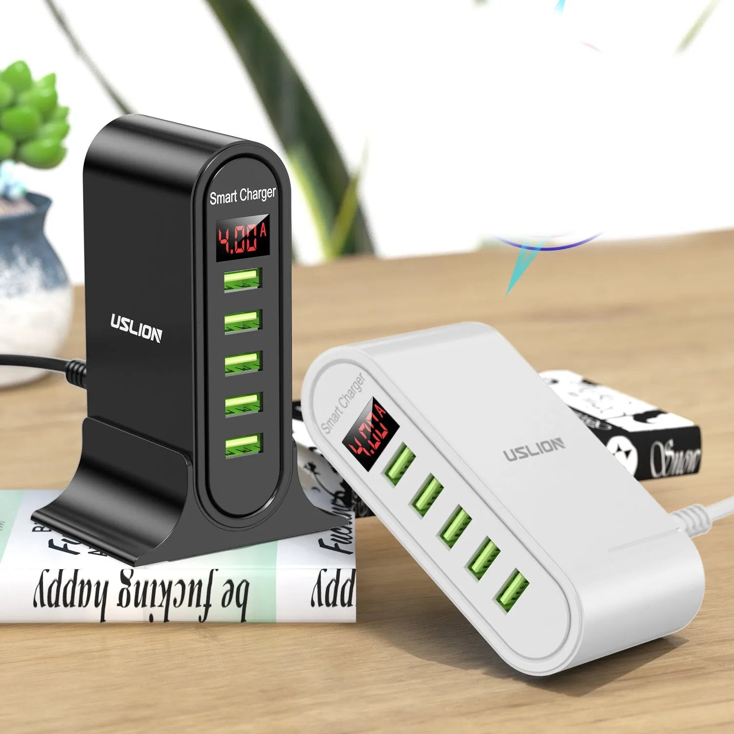 Black and white smart LED digital display USB wall charger with UK, US, and EU plug options.