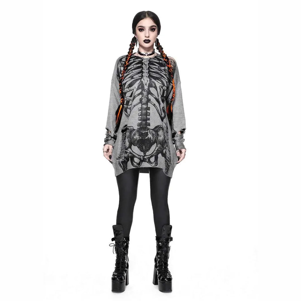 Women's grey viscose knit pullover jumper with long sleeves, loose fit, and character pattern