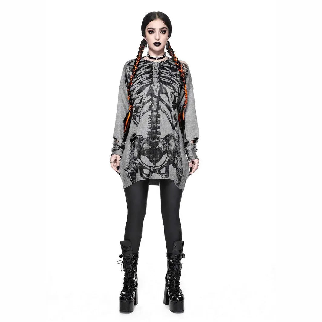 Women's grey viscose knit pullover jumper with long sleeves, loose fit, and character pattern