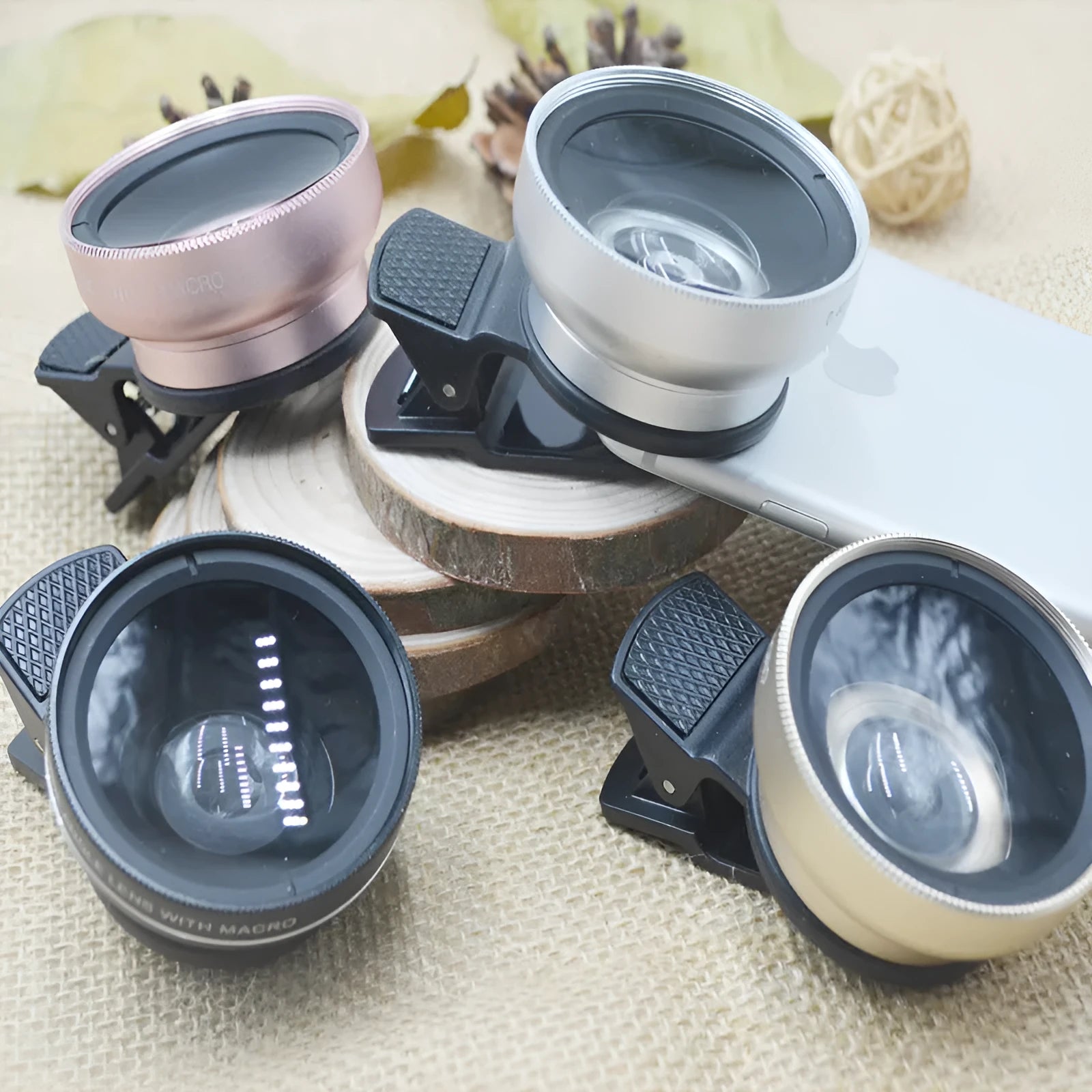 0.45X wide angle mobile phone lens in metallic finish attached to smartphone