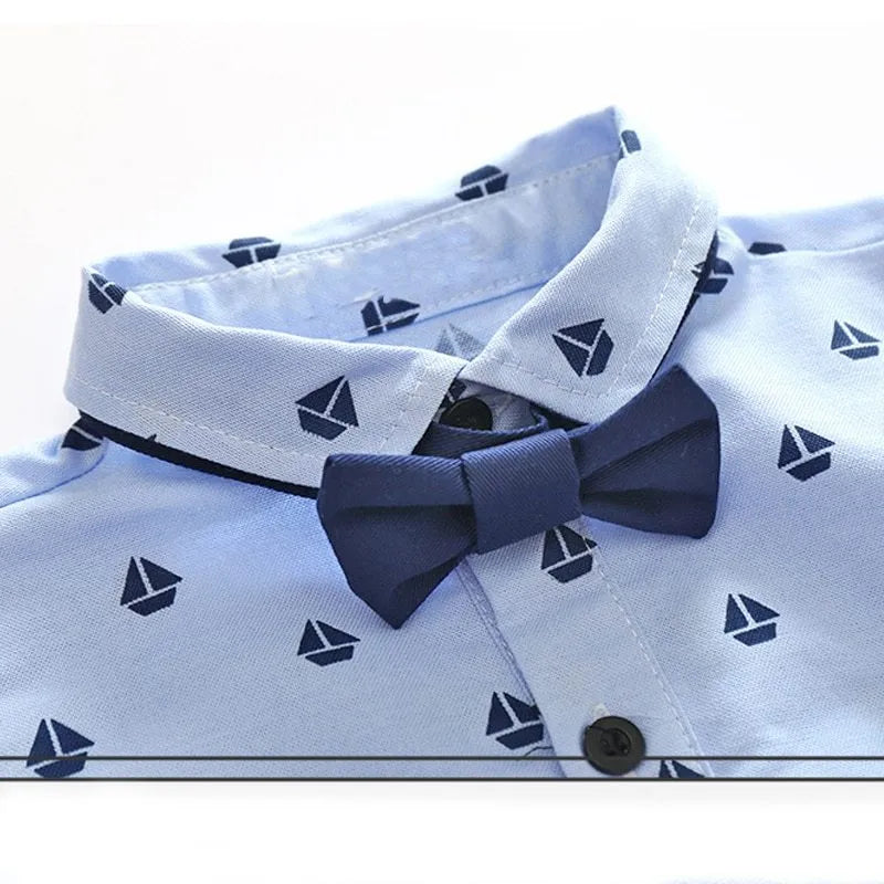 Young boy in blue cotton bow tie vest costume with shirt and pants for spring autumn