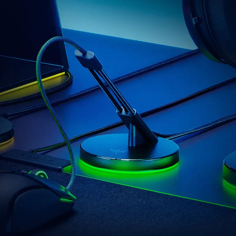 Thunder Snake black RGB mouse cable fastener with lighting effects on desk