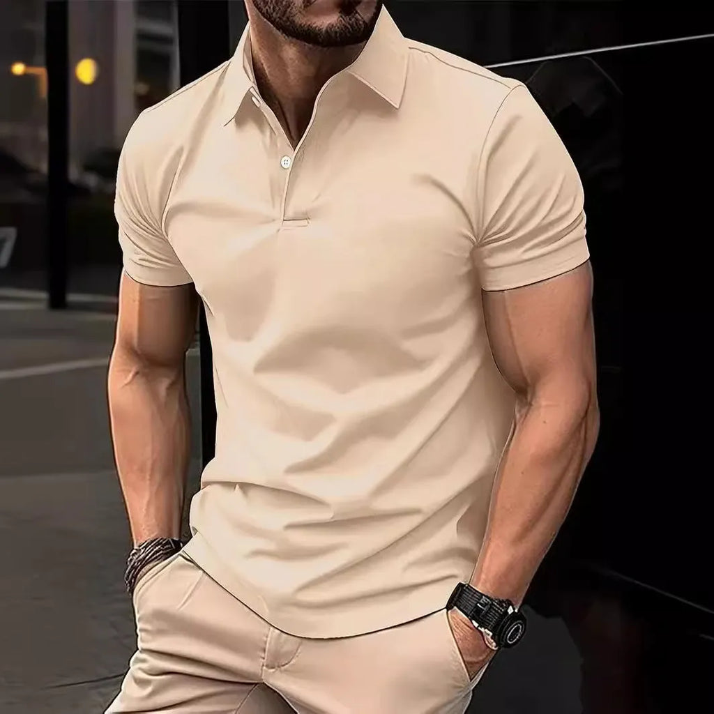 A man's solid colour casual short sleeve shirt in a slim fit style on a hanger.