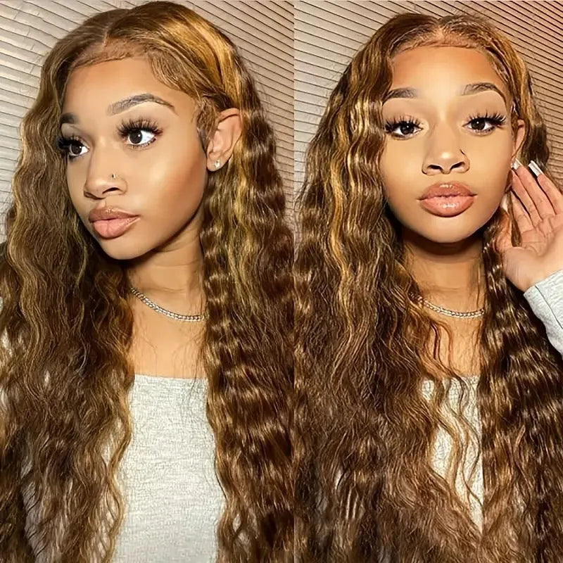 Lace wig with long curly gradient highlight hair in medium small volume, light gold colour