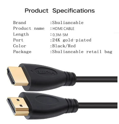 Gold plated HDMI cable with male connectors in various lengths from 0.3 to 5 metres