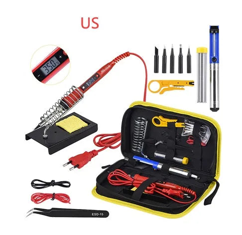 80W LCD adjustable temperature soldering iron kit with desoldering pump, five tips, stand, sponge, tweezers, wire stripper, and fabric case in black