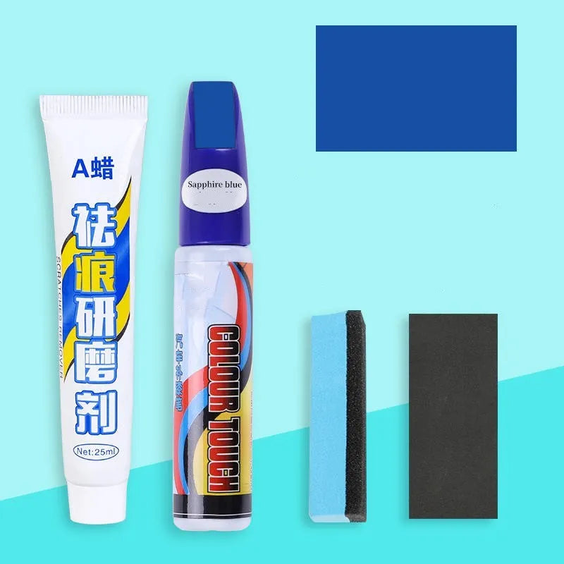 Automotive paint repair pen kit with touch-up paint, wax, sponge, and sandpaper for car scratches