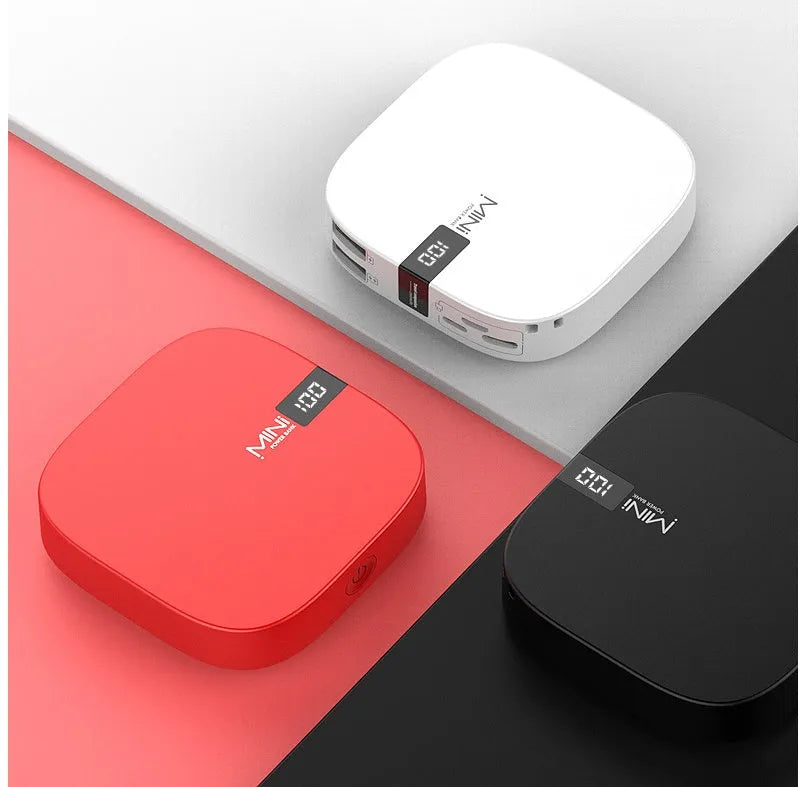 10000 mAh power bank with LCD display in black, compatible with iPhone