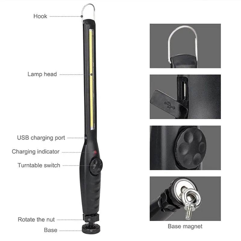 ABS portable LED work lamp with rotatable bracket and USB charging in black