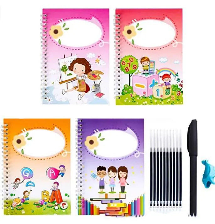Hard cover magic practice writing book with pen holder and refills for reusable handwriting exercises