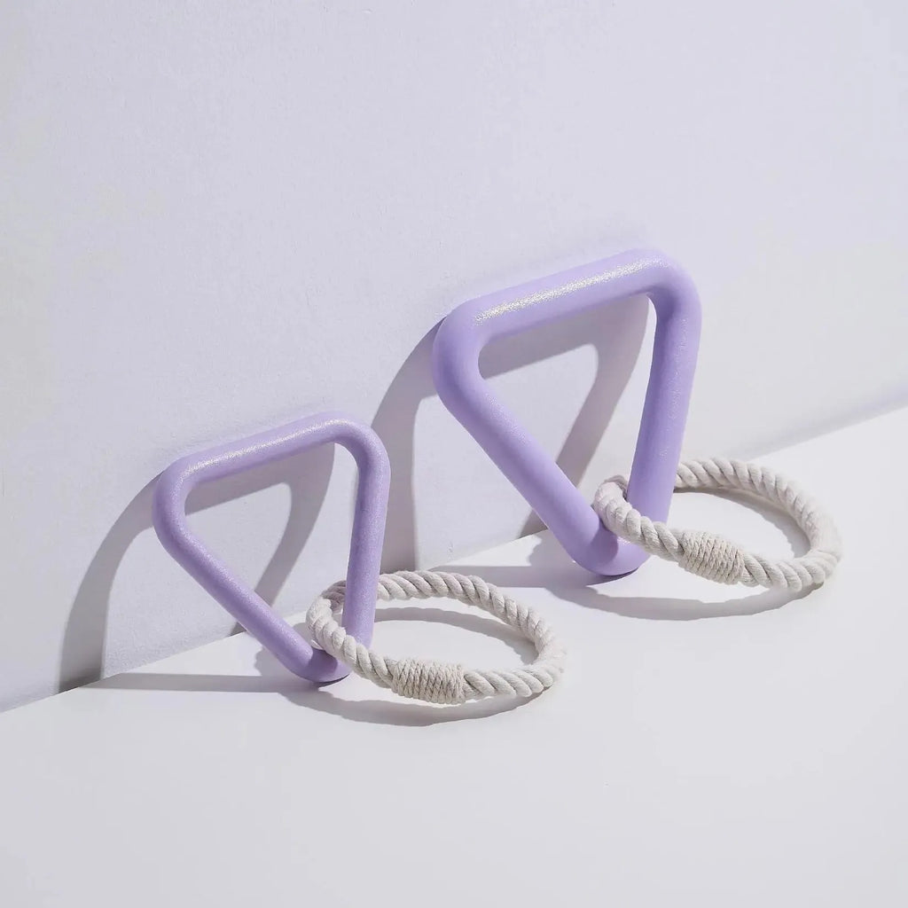 Large triangular pet pull ring toy made from cotton rope in beige, pink, or purple colour.