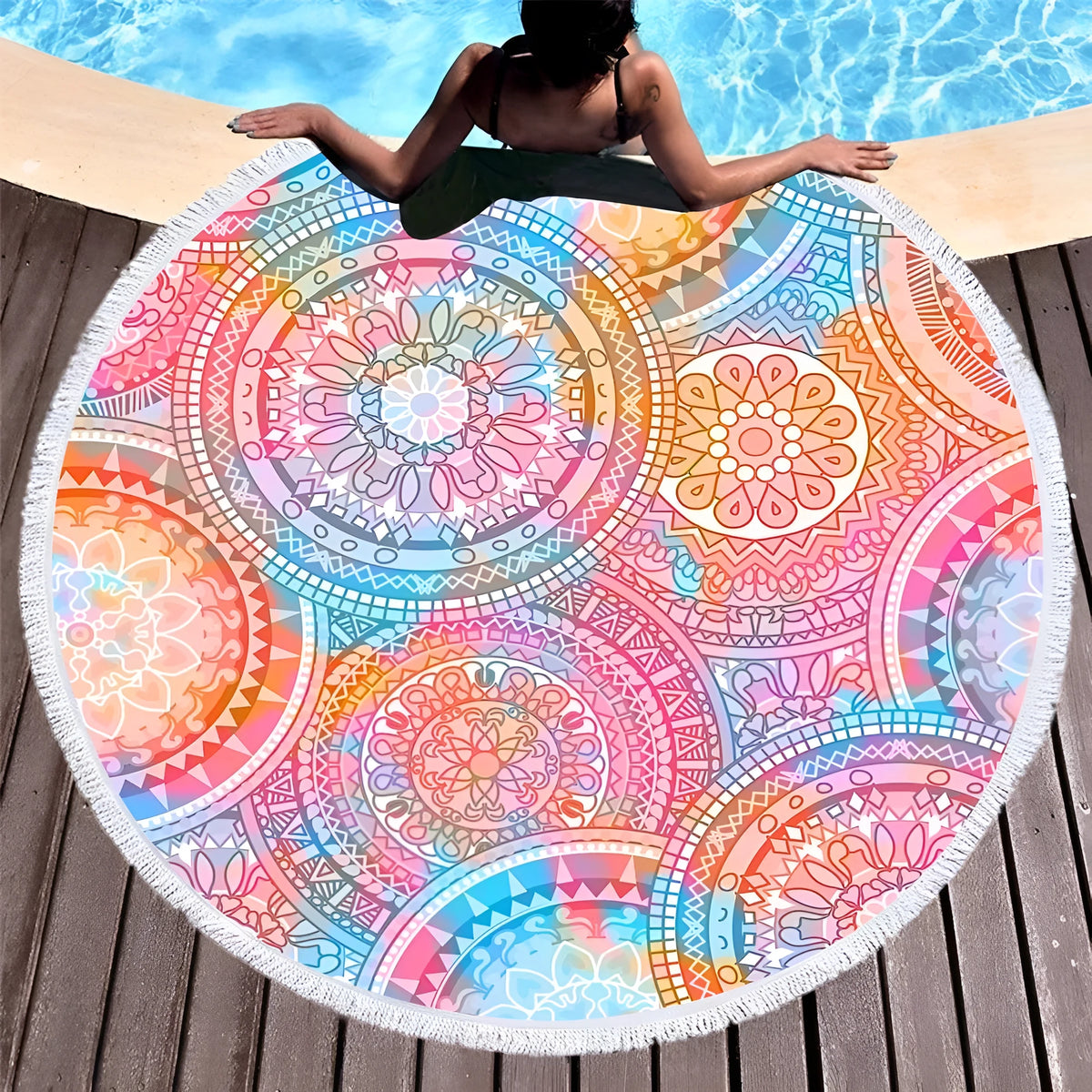 150cm round microfiber beach towel with digital Decor print, 100% polyester, six styles